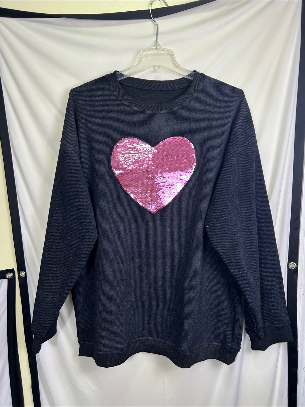 Corded Knit Sequin Heart Oversized Pullover Top -Black